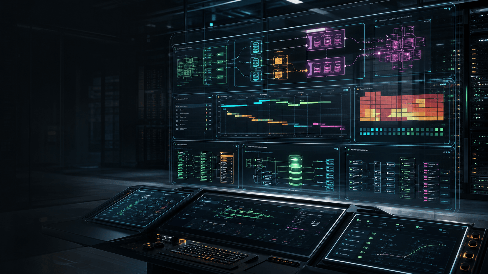 Database architecture cockpit with heatmaps and workload timelines